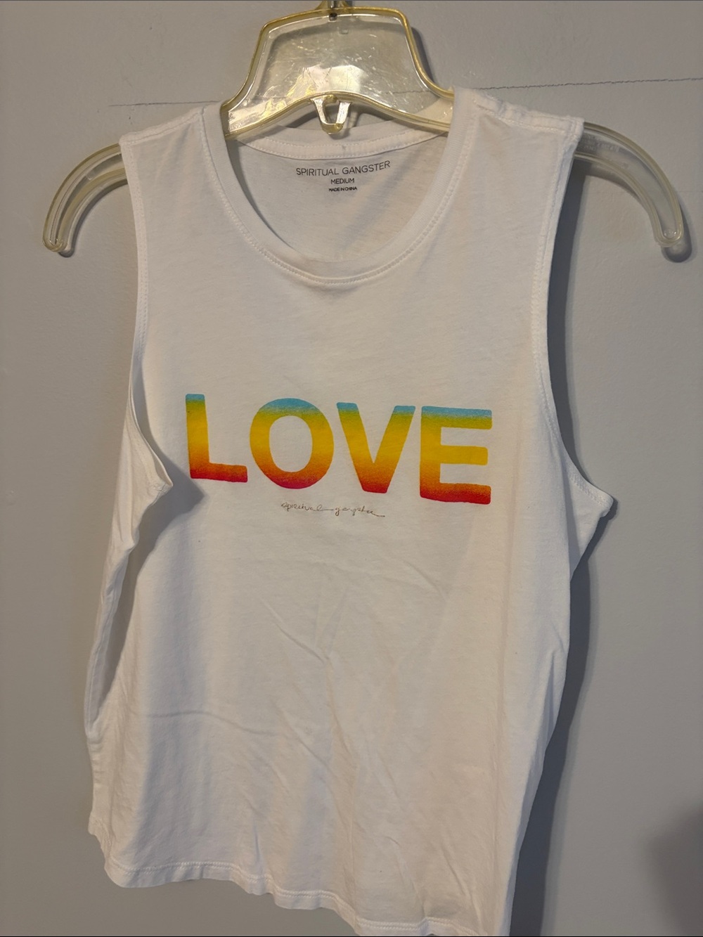 Spiritual Gangster White LOVE Rainbow Tank. Med. Cotton/modal. 50/50.